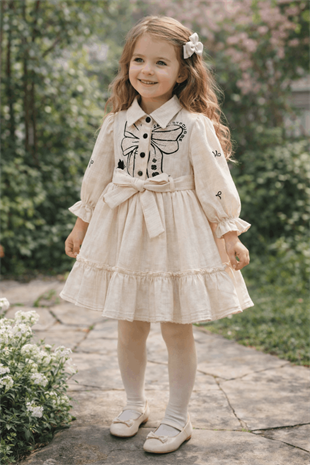 2-5 Yaş Fiyonk Detaylı Uzun Kol Kız Çocuk Elbise Krem