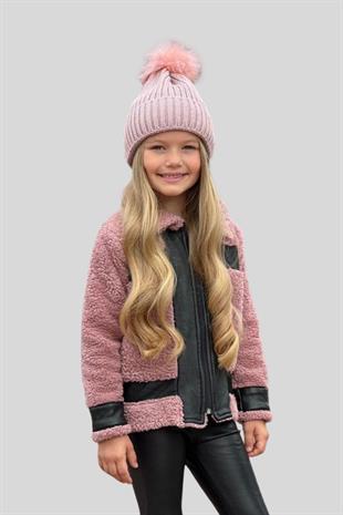 Deri Taytlı Ceketli Kız Çocuk Takım Pembe