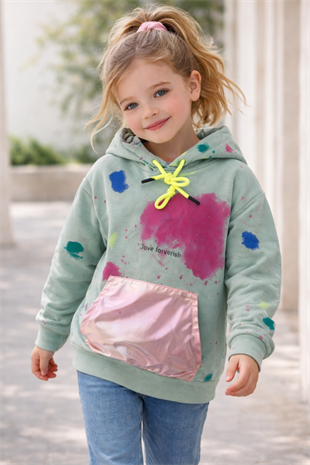 6-9 Yaş Batik Desen Kapüşonlu Kız Çocuk Sweat Yeşil