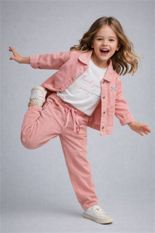 4-8 Yaş Kelebek Baskılı Gabardin 3lü Kız Çocuk Takım Yavru Ağzı Pudra