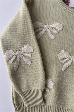 3-7 Yaş Fiyonk Nakışlı Triko Kazak ve Kot Pantolon Kız Takım Yeşil