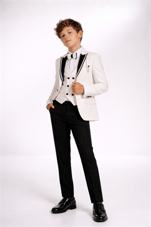 3-14 Yaş Premium Yeleği Katlamalı Erkek Çocuk Damatlık Krem