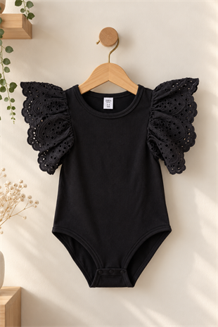 3-10 Yaş Omuzları Dantelli Kız Çocuk Bodysuit Siyah