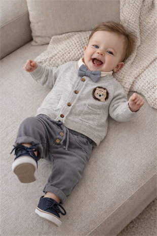 6-24 Ay Lion papyonlu Triko Hırkalı 3lü Takım Gri