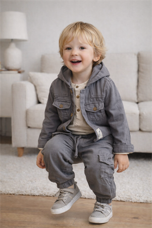 2-5 Yaş Müslin Ceketli 3lü Erkek Çocuk Takım Gri