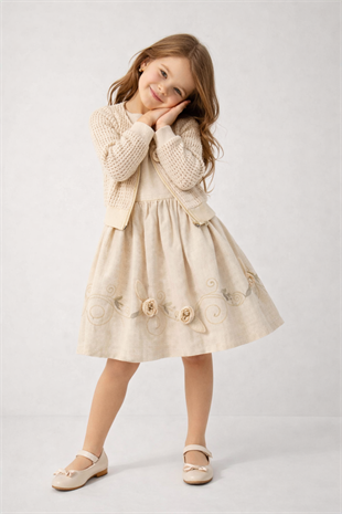 5-8 Yaş İncili Triko Hırkalı Keten Elbise Krem