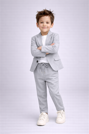 2-13 Yaş Premium Tişörtlü Başak Doku Keten Çocuk Takım Elbise Gri