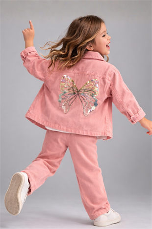 4-8 Yaş Kelebek Baskılı Gabardin 3lü Kız Çocuk Takım Yavru Ağzı Pudra