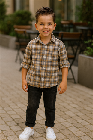 5-14 Yaş Kareli Gömlek Kot Pantolon Takım Sarı