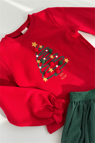 4-8 Yaş Yeniyıl Ağaç Desen Etekli Kız Çocuk Takım Kırmızı