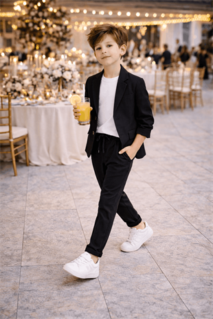 2-13 Yaş Premium Tişörtlü Başak Doku Keten Çocuk Takım Elbise Siyah