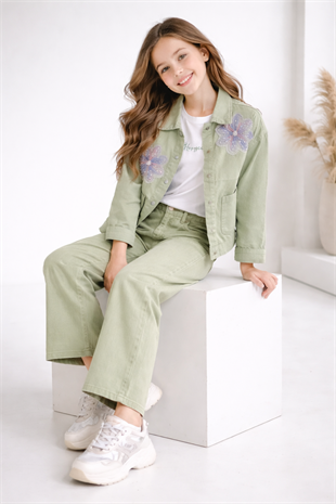 9-14 Yaş Çiçek Boncuk Aplikeli Ceketli Gabardin  Kız Çocuk Takım Yeşil