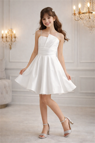 10-15 Saten Eliza Kız Çocuk Abiye Elbise Beyaz