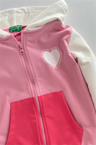 4-14 Yaş Benetton Kalp Baskılı Fermuarlı Kapüşonlu Kız Çocuk Sweatshirt Pembe