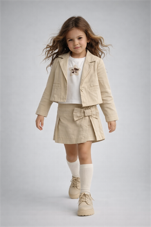 4-8 Yaş Şort Etekli Premium 3lü Kız Çocuk Takım Krem