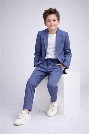 2-13 Yaş Premium Tişörtlü Başak Doku Keten Çocuk Takım Elbise Açık Lacivert