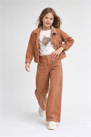 9-12 Yaş Bebe Yaka Nakışlı Kız Çocuk Pantolon Kot Takım Latte