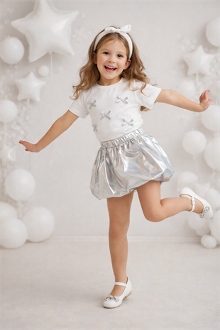 3-8 Yaş Fiyonklu Tişört Balon Etek Kız Çocuk Takım Gri