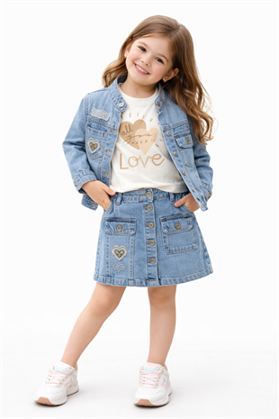 2-5 Yaş Lüx Love Taşlı Kot Ceket Badi ve Kot Etekli Kız Takım Mavi
