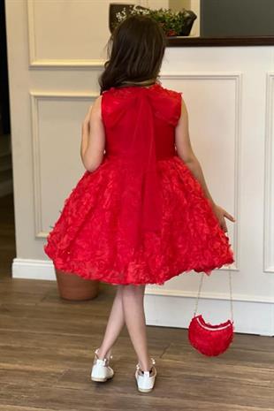 Çanta Hediyeli Güpür Gül Detay Kırmızı Çocuk Abiye