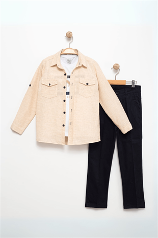 3-12 Yaş Keten Gömlek Gabardin Pantolon Baskılı Tişört Bej
