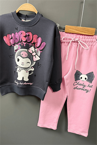 3-10 Yaş Kuromi Yaldız Baskılı Kız Çocuk Takım Pembe