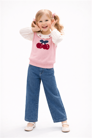 3-7 Yaş Kiraz Süveterli Pantolonlu Kız Çocuk Takım Pembe