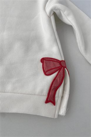 3-7 Yaş Fiyonk Aplikeli Kız Çocuk Sweat Beyaz