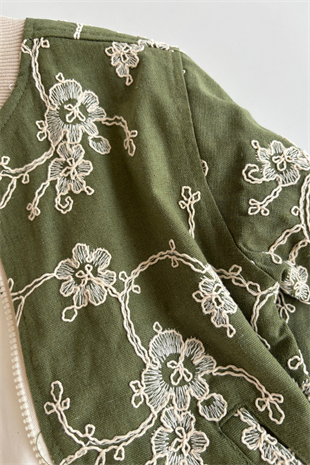 4-8 Yaş Nakışlı Bomber Ceketli 3lü Kız Çocuk Takım Yeşil