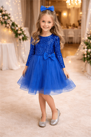 4-12 Yaş Grenli Kadife Payetli Kız Çocuk Abiye Elbise Sax