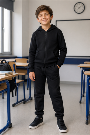6-14 Yaş Fermuarlı Kapüşonlu Basic Unisex Çocuk Takım Siyah