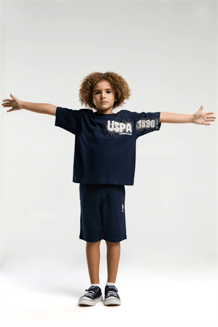 9-15 Yaş U.S Polo Lisanslı Kolu Baskılı Şortlu Erkek Çocuk Takım Lacivert