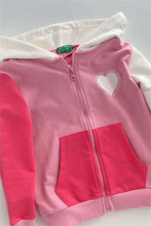 4-14 Yaş Benetton Kalp Baskılı Fermuarlı Kapüşonlu Kız Çocuk Sweatshirt Pembe