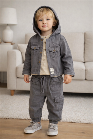 2-5 Yaş Müslin Ceketli 3lü Erkek Çocuk Takım Gri