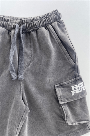 6-14 Yaş No Fear Yıkamalı Kargo Cepli Erkek Çocuk Şort Antrasit