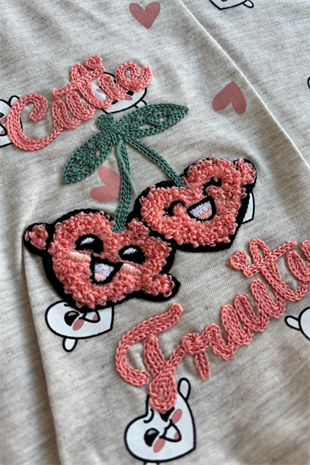 3-7 Yaş Cutie Fruit İspanyol Pantolonlu Kız Çocuk Takım Pudra