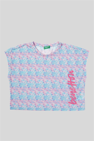 4-14 Yaş Benetton Batik Desen Kız Çocuk T-shirt Turkuaz