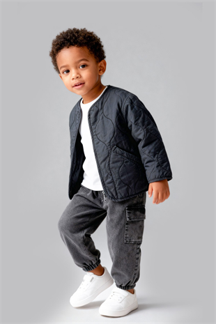 3-11 Nakışlı Bomber Ceket Kargo Cep Pantolon Tişört 3lü Erkek Çocuk Takım Antrasit