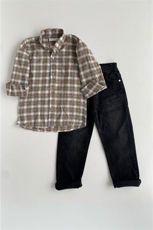 5-14 Yaş Kareli Gömlek Kot Pantolon Takım Sarı