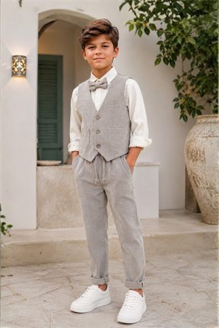 3-14 Yaş Matias Çizgili Yelekli Erkek Çocuk Takım Elbise Gri