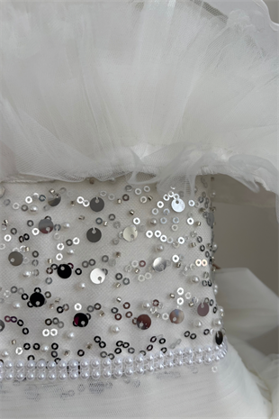 5-9 Perry Önü Taşlı Kız Çocuk Gelinlik Beyaz