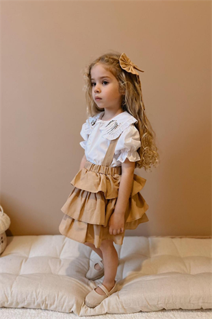 2-8 Yaş Fırfırlı Salopet Bluz Takımı 