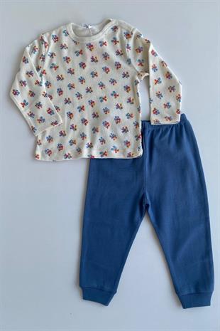 Çiçek Desen Kız Bebek Pijama Takımı Mavi
