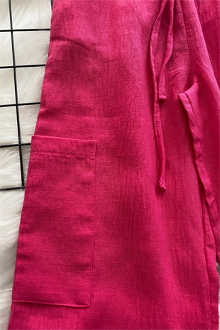 8-14 Yaş Cep Detay Keten Kız Çocuk Pantolon Fuşya