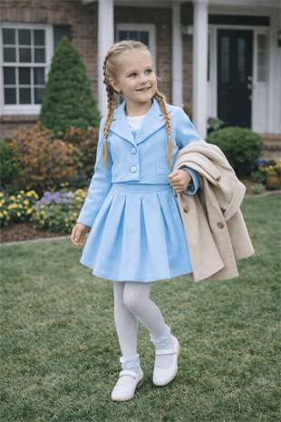 3-6 Yaş Premium Ceketli Etekli Çantalı Kız Çocuk Takım Bebe Mavi