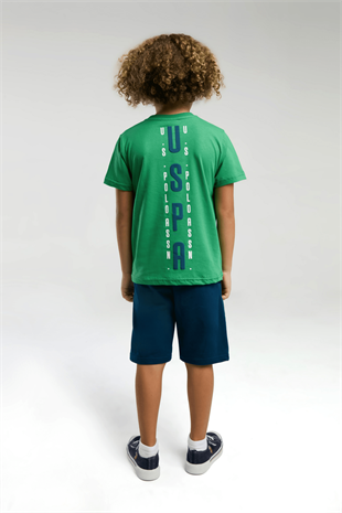 9-15 Yaş U.S Polo Lisanslı Sırt Dikey Baskı Şortlu Erkek Çocuk Takım Yeşil