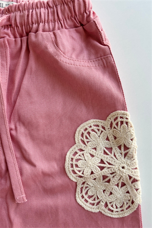 4-8 Yaş Örgü Aplikeli Gabardin Kız Çocuk Takım Gül Kurusu