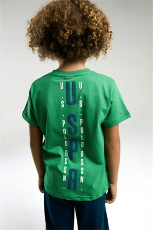9-15 Yaş U.S Polo Lisanslı Sırt Dikey Baskı Şortlu Erkek Çocuk Takım Yeşil