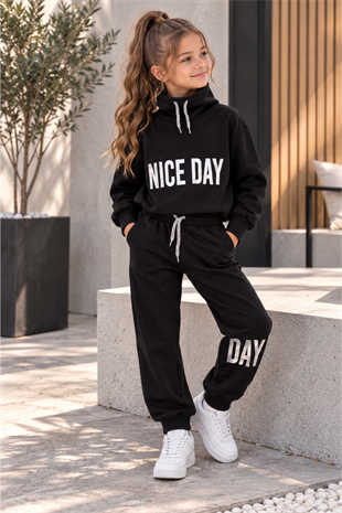 Nice Day Balıkçı Yaka Kız Çocuk Eşofman Takımı Siyah