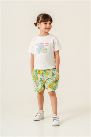 1-6 Yaş Çiçek Desen Şortlu Kız Çocuk Takım Yeşil